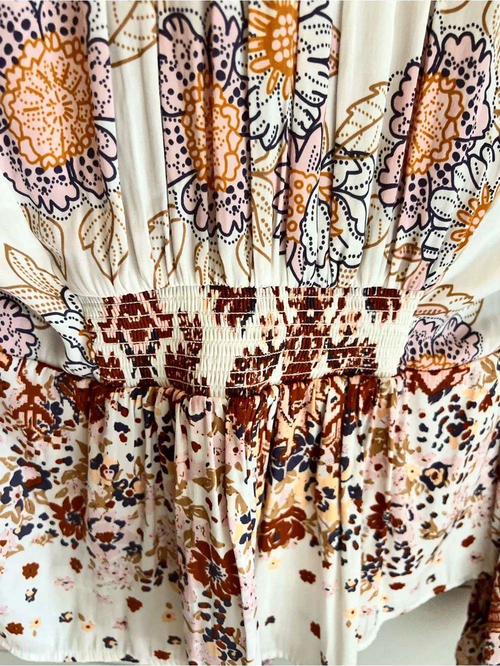 Free People Boho “Run Free” Floral Blouse - White with Orange & Lavender Size S